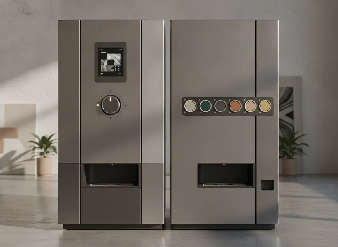 Two of the machines seen front-on side by side, one with a small screen and dial, the other with a plain row of drink buttons.