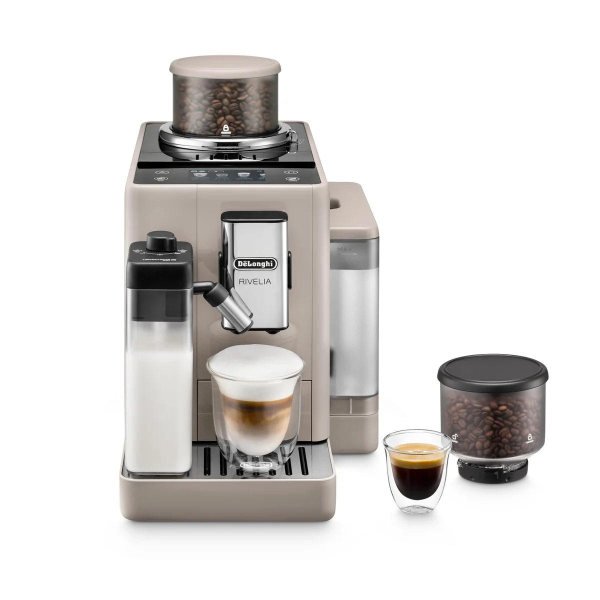De'Longhi Rivelia Automatic Espresso Machine, Grinder & Frother, Easy Bean Switching, Beige