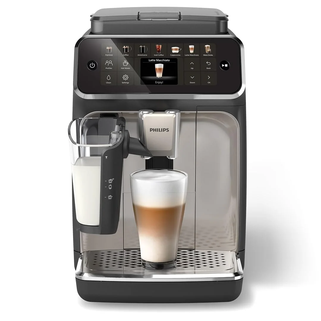 Philips 4400 Series Fully Automatic Espresso Machine – 12 Hot & Iced Coffees, Quick-to-Clean LatteGo Milk System, SilentBrew, QuickStart, Ceramic Grinder, Black Chrome (EP4447/90) (Renewed)