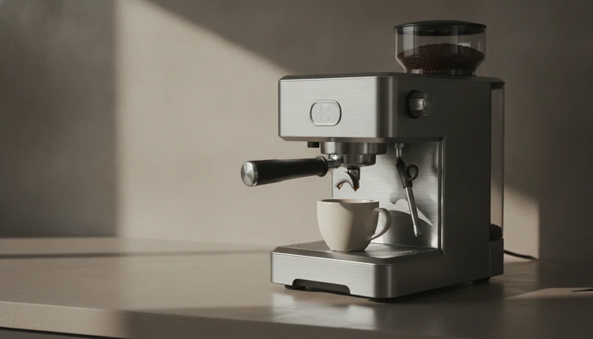 A brushed steel espresso machine with a built-in grinder on a kitchen counter, a portafilter locked into the group head and a cup below it.