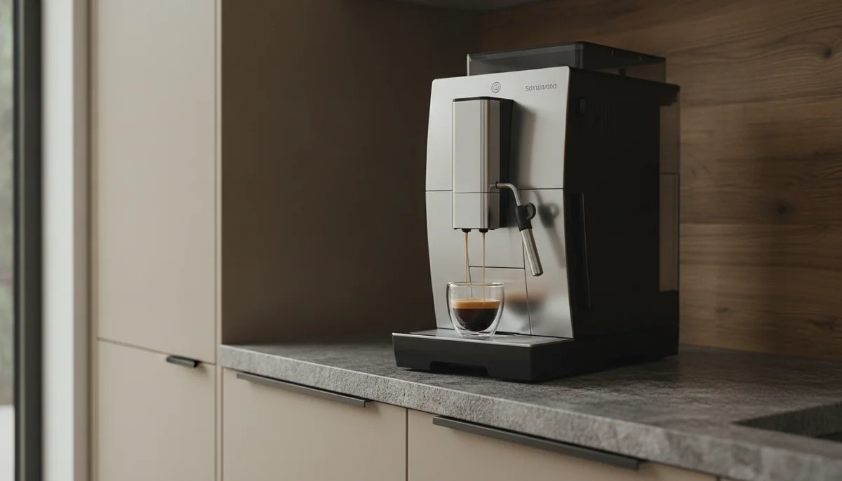 A tall premium super-automatic espresso machine on a stone counter in a considered kitchen, its height-adjustable spout lowered over a small glass of espresso.