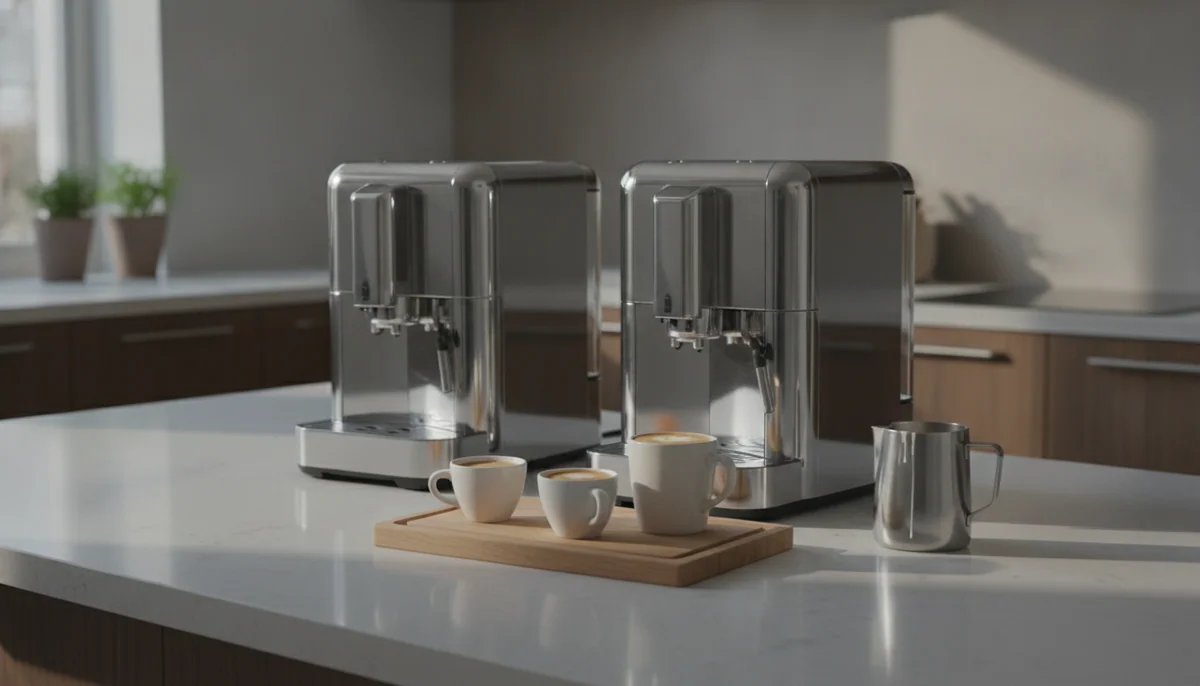 Two rounded metal super-automatic espresso machines on a kitchen island, cups on a wooden board in front of them and a small milk jug alongside.