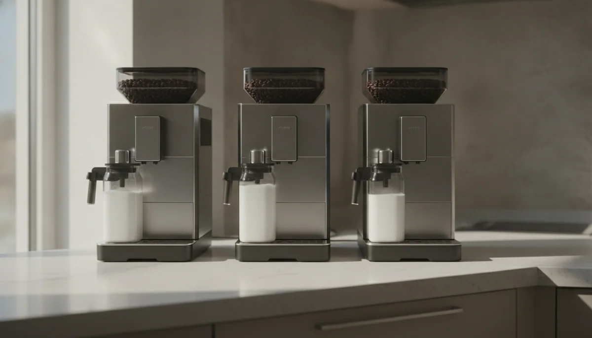 Three similar-looking super-automatic espresso machines from one family lined up on a kitchen counter, each with a bean hopper on top and a clip-on milk carafe at the side.