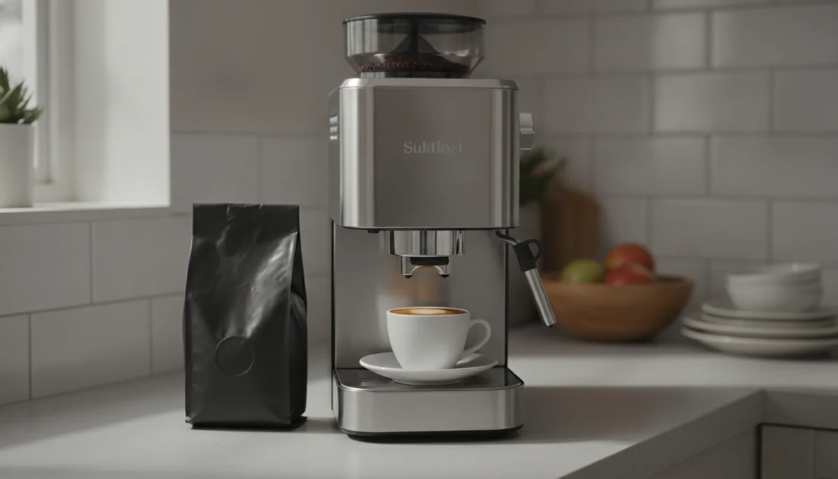 A mid-sized super-automatic espresso machine on the counter of an ordinary family kitchen, a bag of beans beside it and a filled cup under the spout.