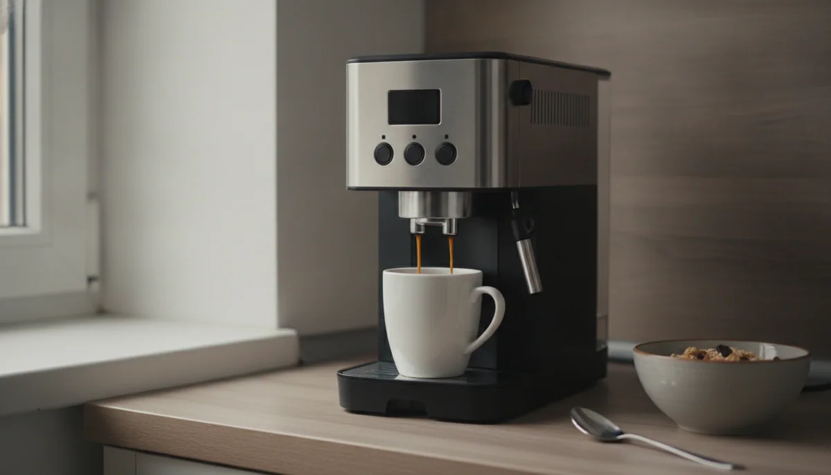 A compact entry-level super-automatic espresso machine on a small apartment kitchen counter with a laminate worktop, a mug beneath the spout and a cereal bowl pushed aside.