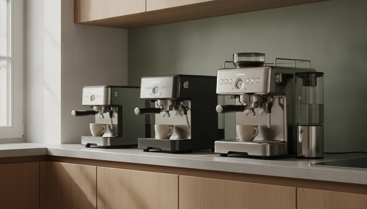 Three super-automatic espresso machines of different sizes standing in a row along a long kitchen counter, each with a cup waiting under its spout.