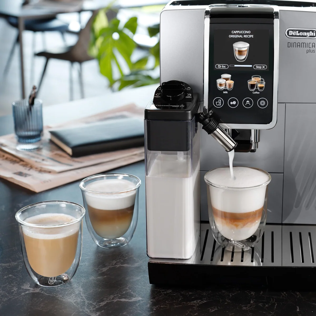 De'Longhi Dinamica Plus Fully Automatic Espresso Machine - Brew Personalized Coffee for up to 4 User Profiles, 24+ Recipes, Built in Grinder & Automatic Milk Steam Wand with 3 Frother Modes rear view