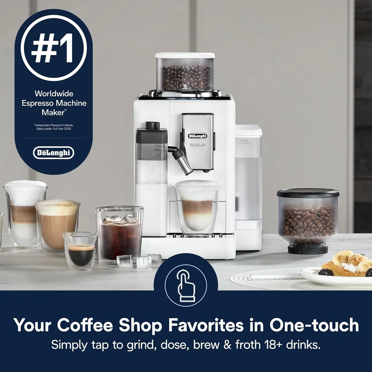 De'Longhi Rivelia Automatic Espresso Machine with Grinder & Milk Frother – All-in-One Coffee Maker, Hot & Iced Latte, Cappuccino, Bean Switch System, Burr Grinder, Compact Italian Design, White rear view